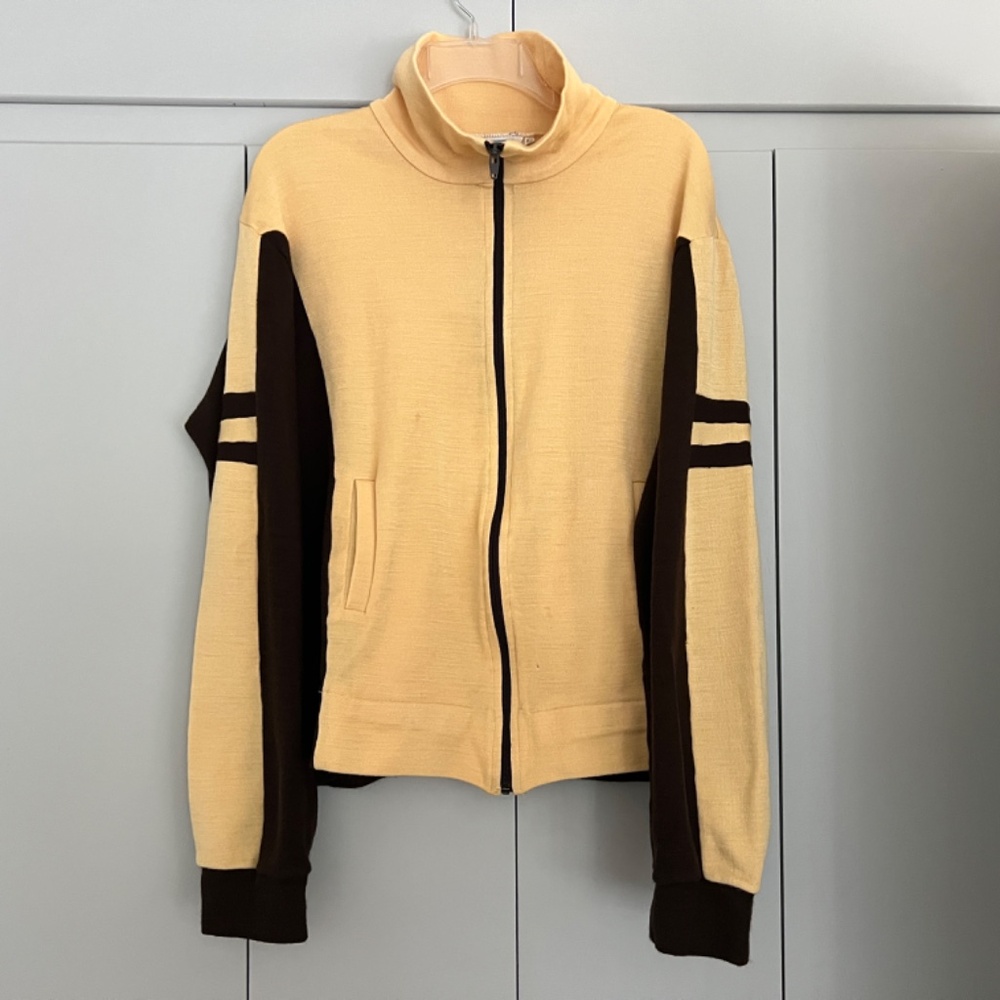 Vintage 70s Stripe Sleeve Acrylic Knit Full Zip-Up Track Jacket Top XL